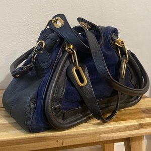 Chloe Paraty Navy Suede Black Pebble Leather Bag Gold Tone Hardware 031057